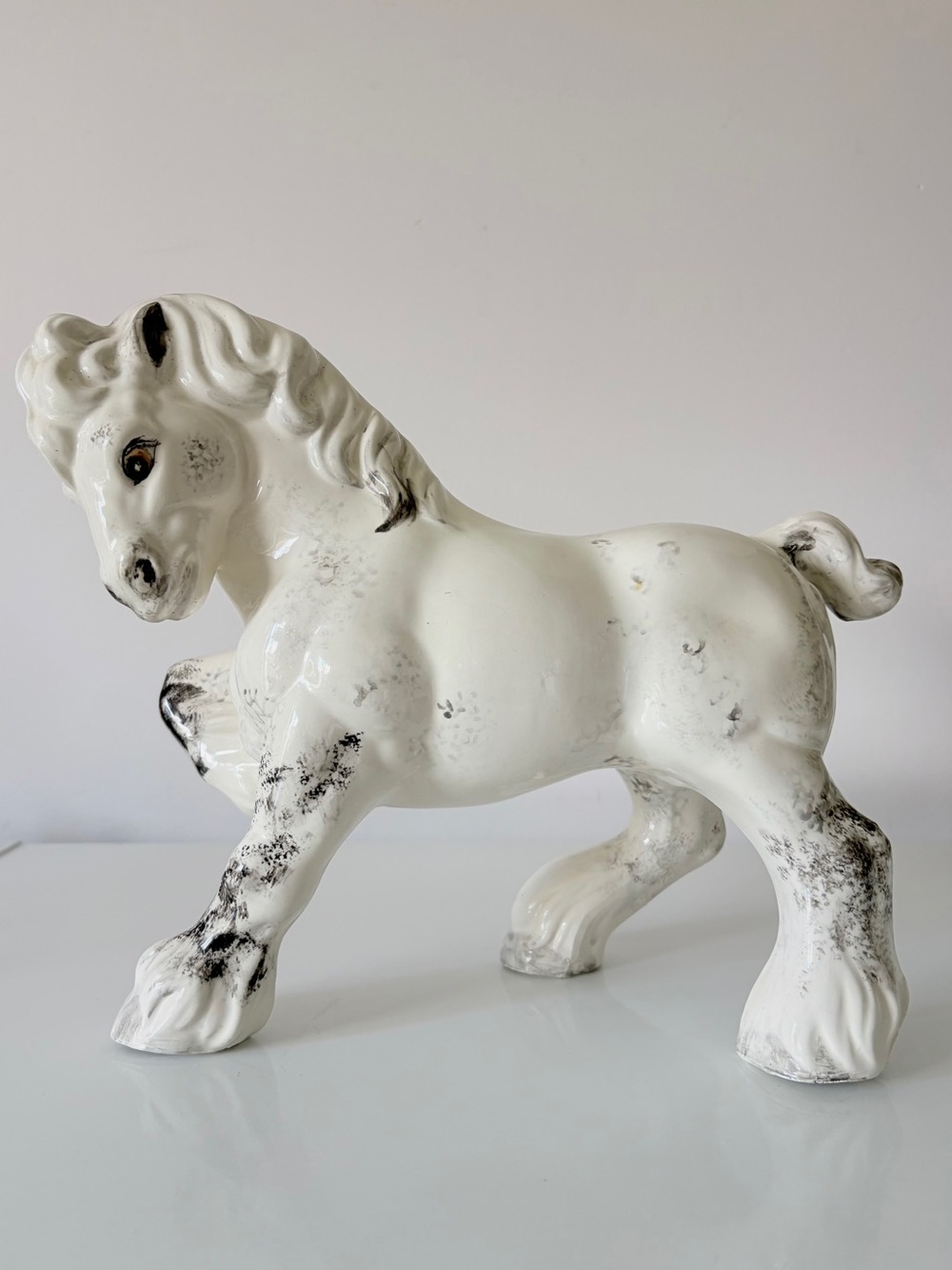 Vintage Cantering Shire Horse Dapple Gray Ceramic Figure Glossy Hand Painted